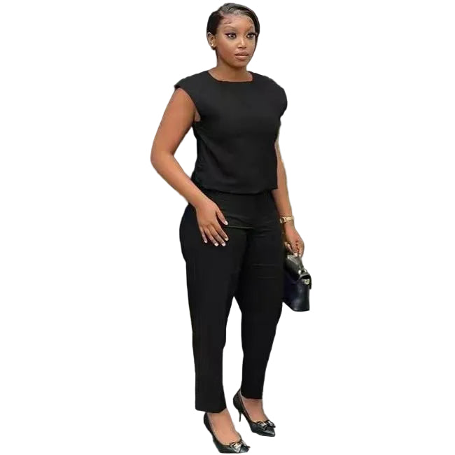 Solid Color Sleeveless Sleeved Top and Pant Set.