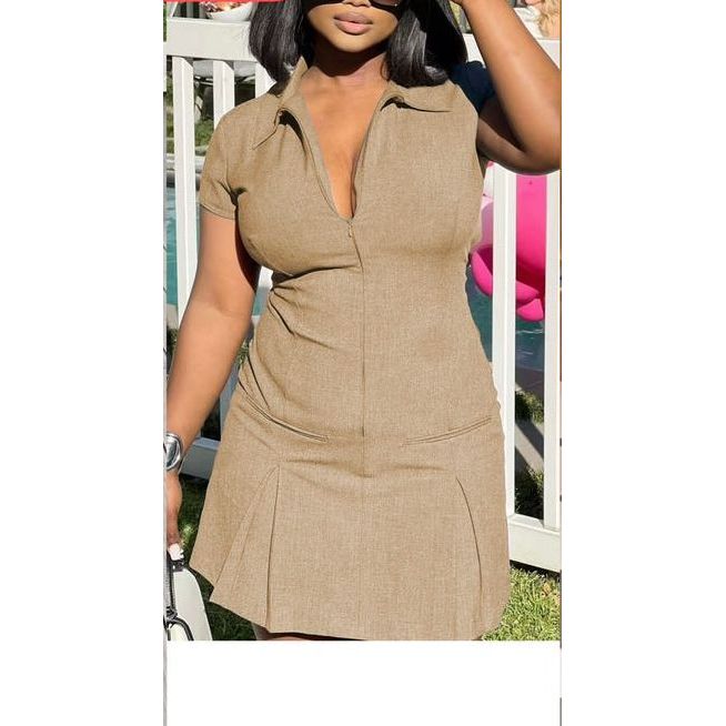 Summer Casual Solid Color Pleated Hem Short Sleeve Dress