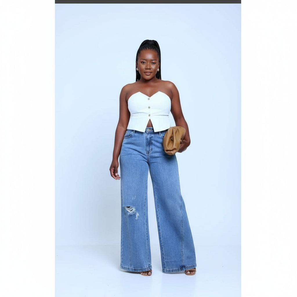 Wide leg High Waist Blue Denim Jeans Pants