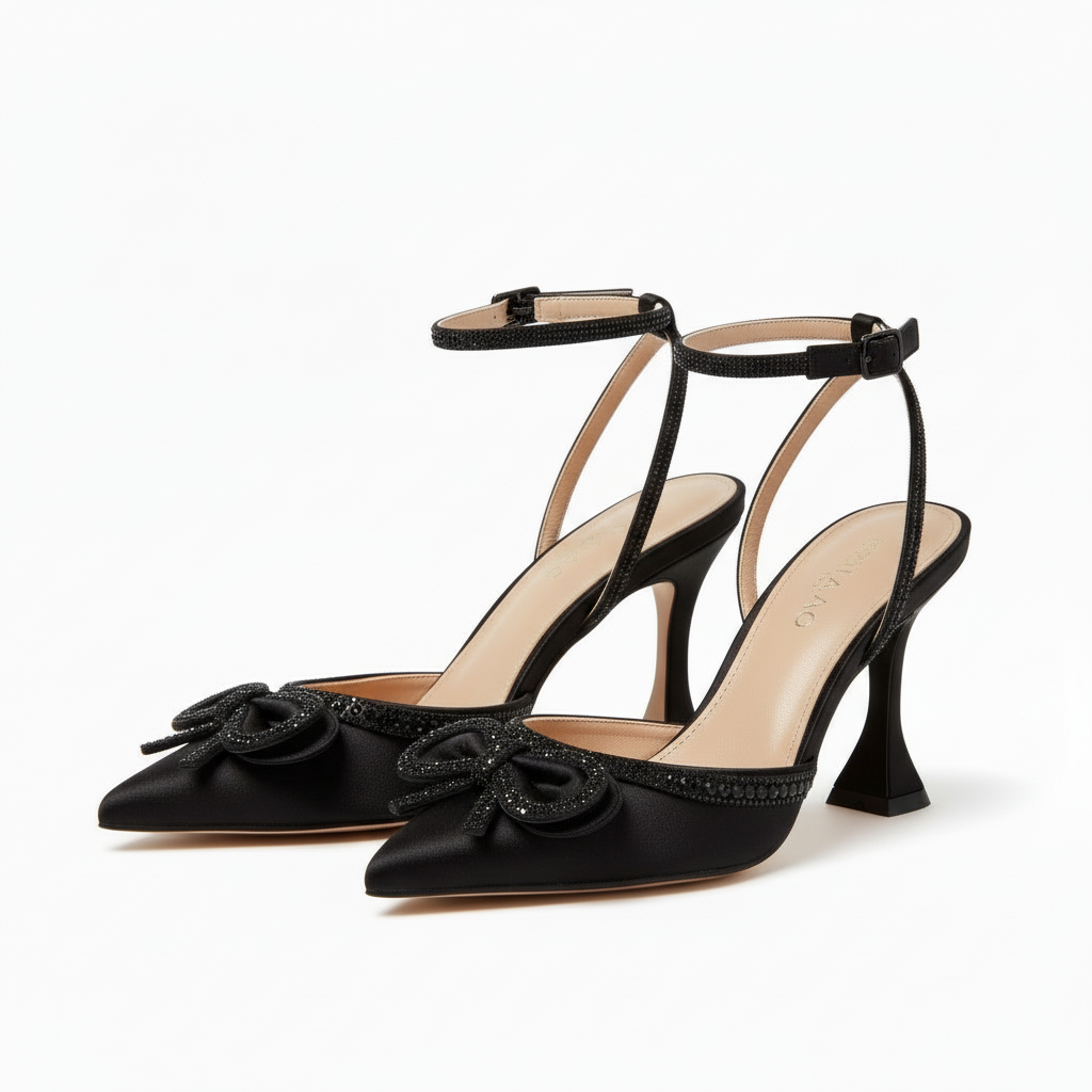 Sparkling Thin Heels Pointed Bow Water Diamond Heels Shoes