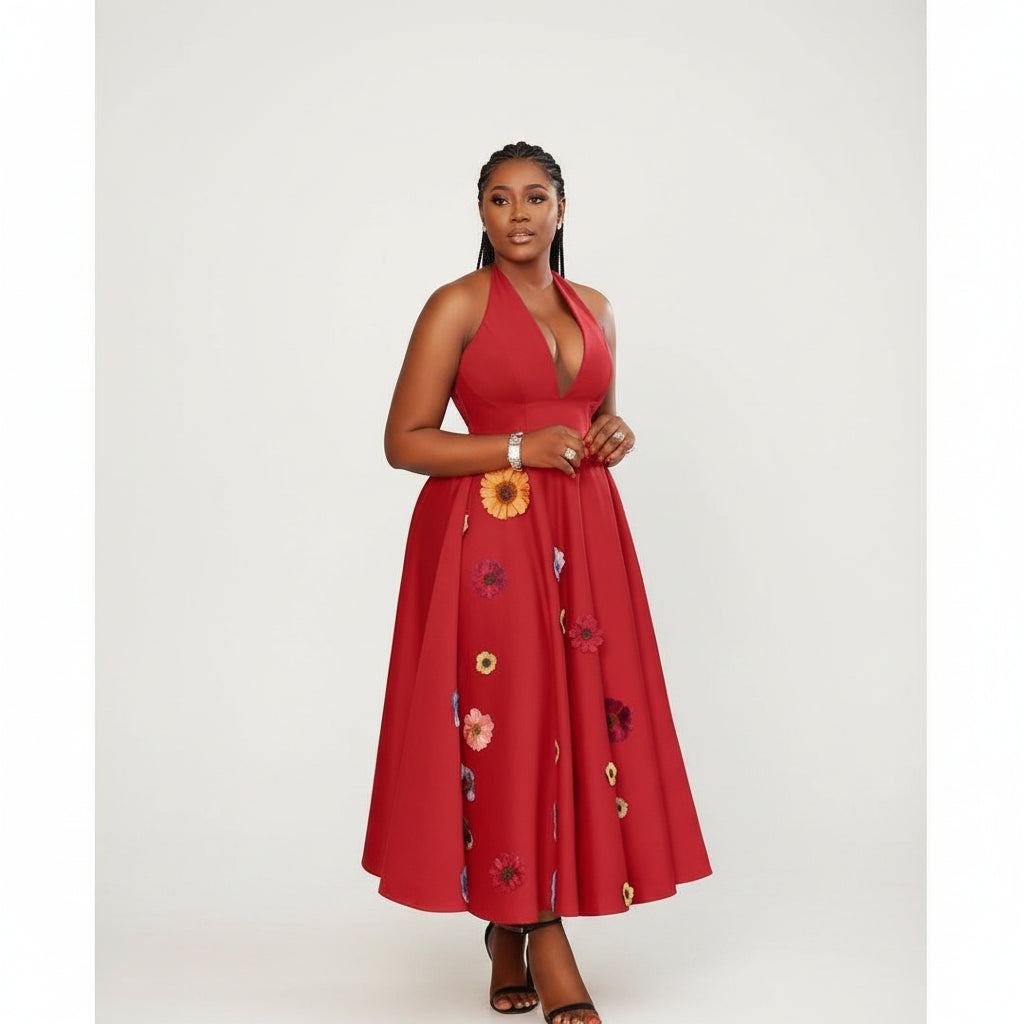 Halter Neck Patched Flower Design Elegant Boobtube Maxi Dress.