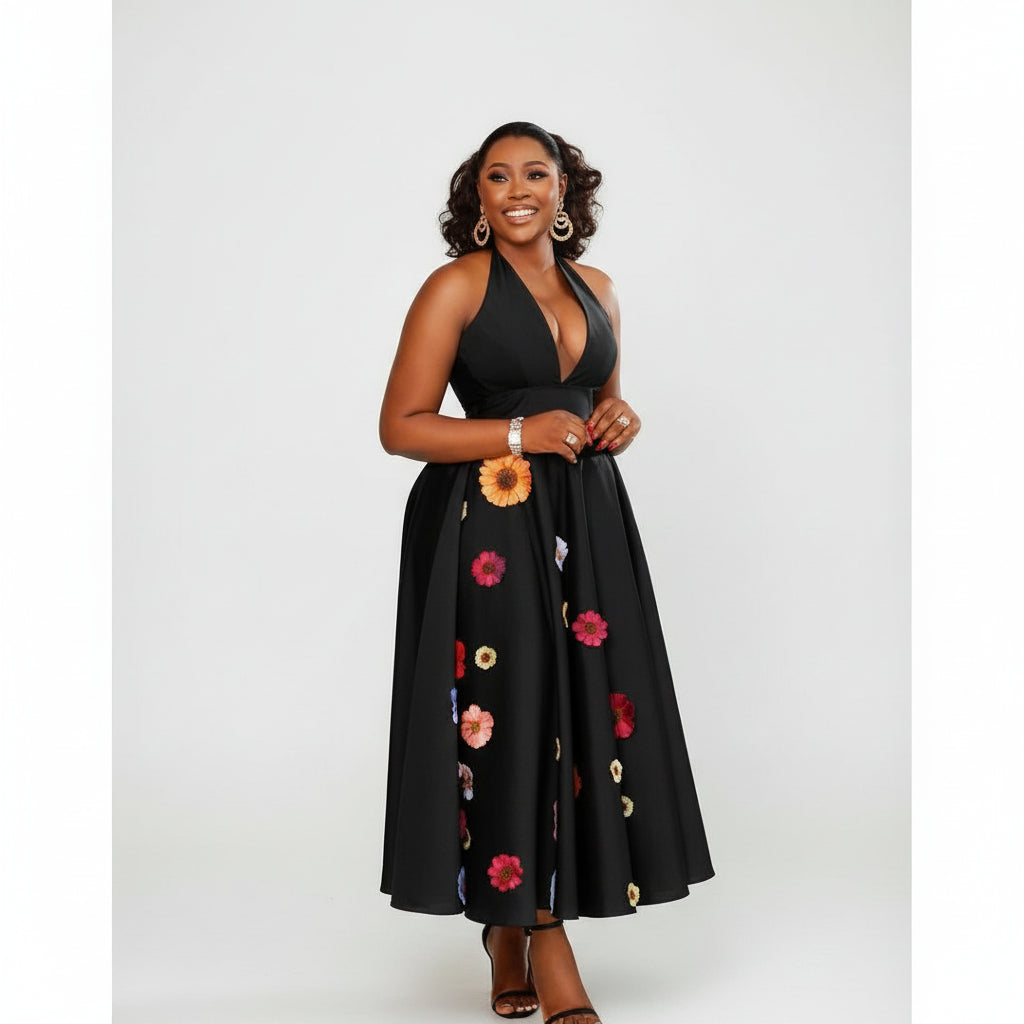 Halter Neck Patched Flower Design Elegant Boobtube Maxi Dress.