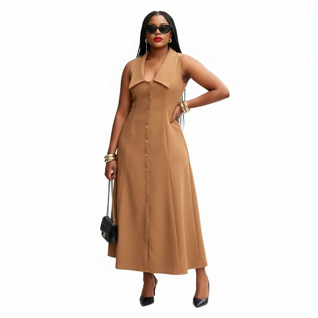 Solid Button Front Sleeveless Shirt Dress