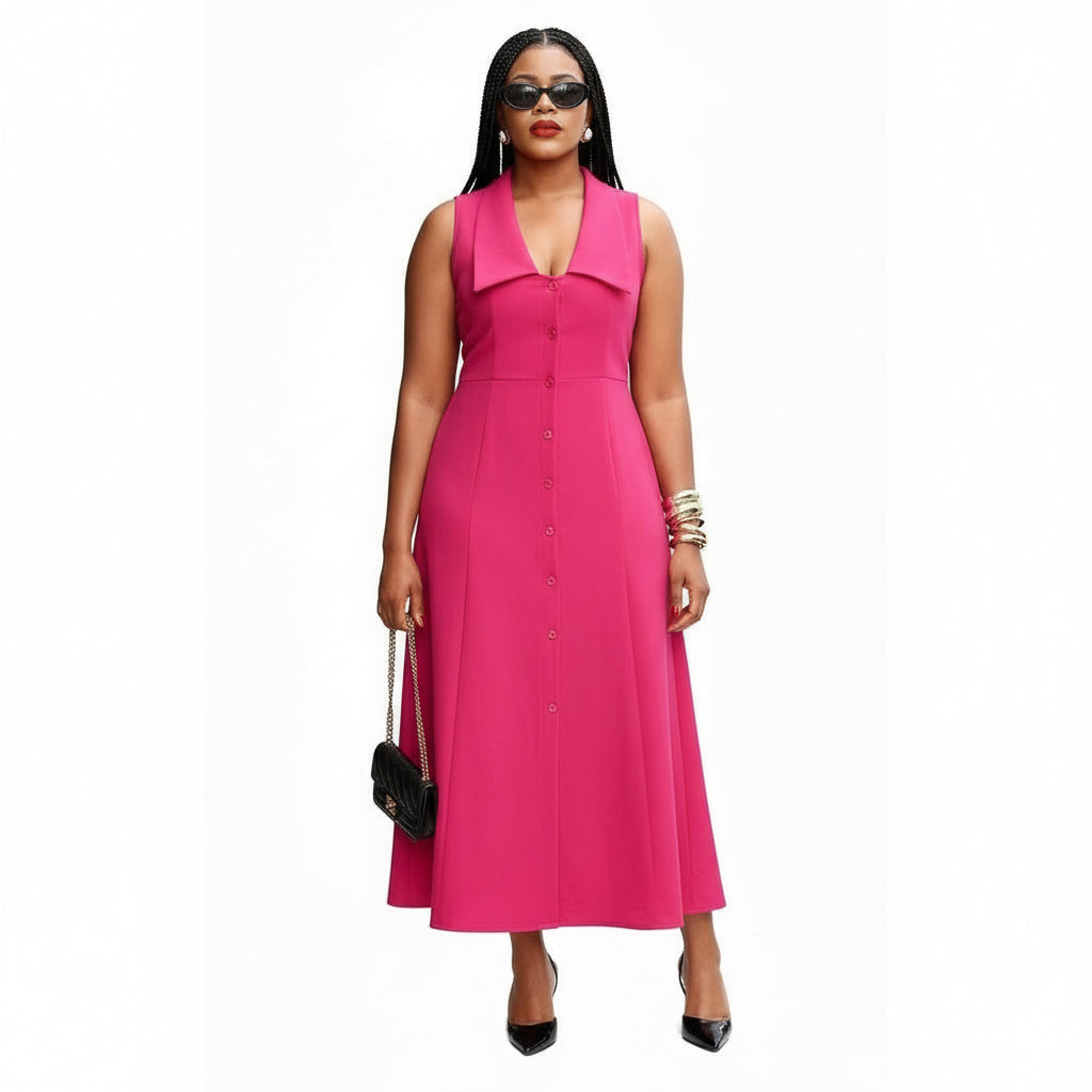 Solid Button Front Sleeveless Shirt Dress