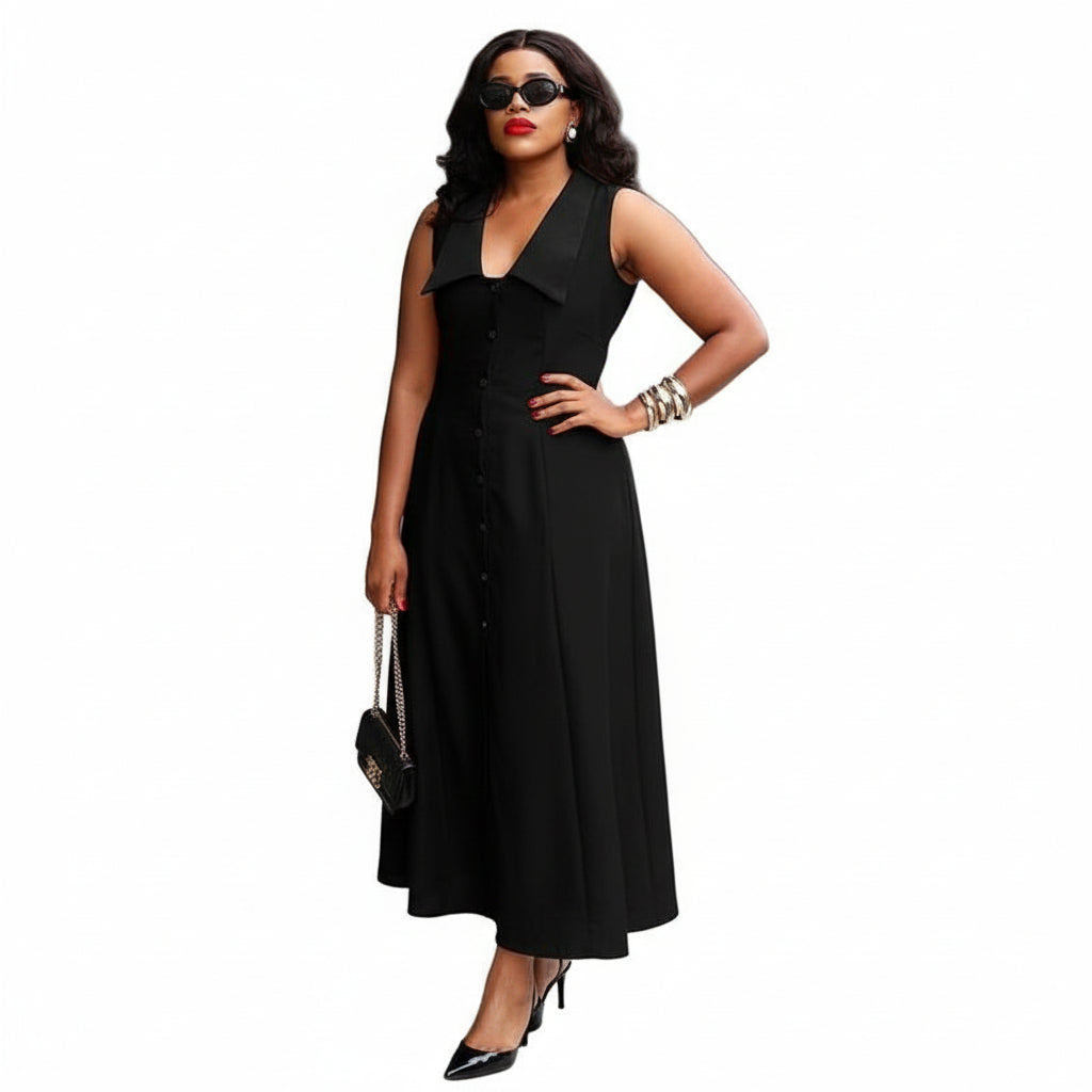 Solid Button Front Sleeveless Shirt Dress