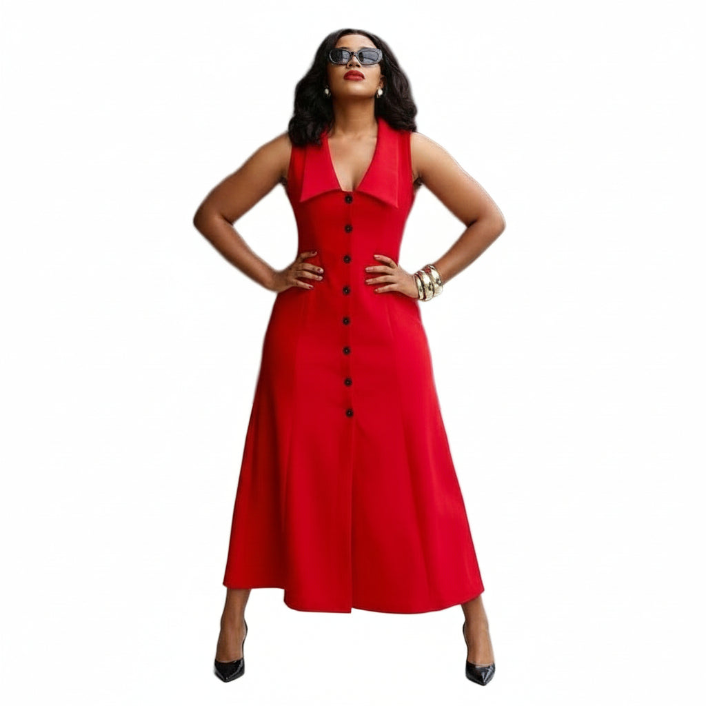 Solid Button Front Sleeveless Shirt Dress