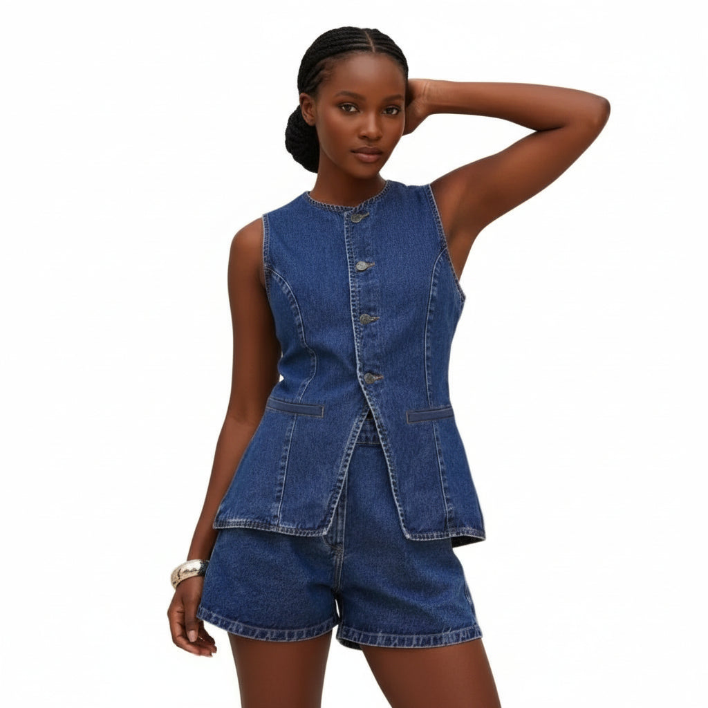 Sleeveless Waist Coat and Short Denim Set