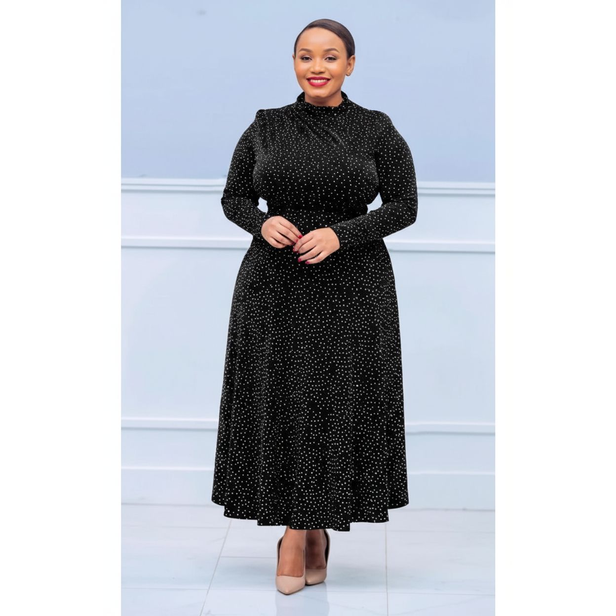 Plus Size Sequin Decor Shiny Round Neck Cocktail Dress