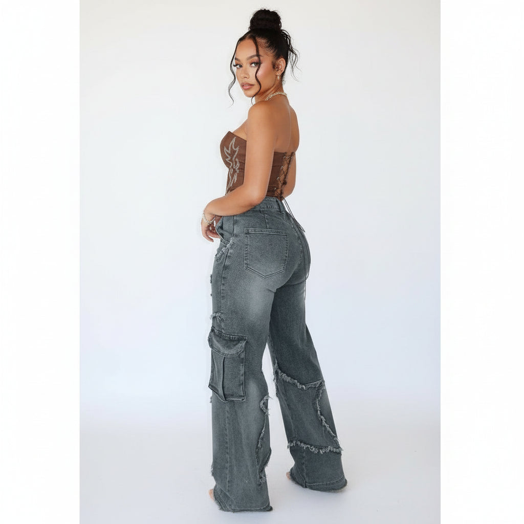 Start Printed Bell Bottom Denim Trouser