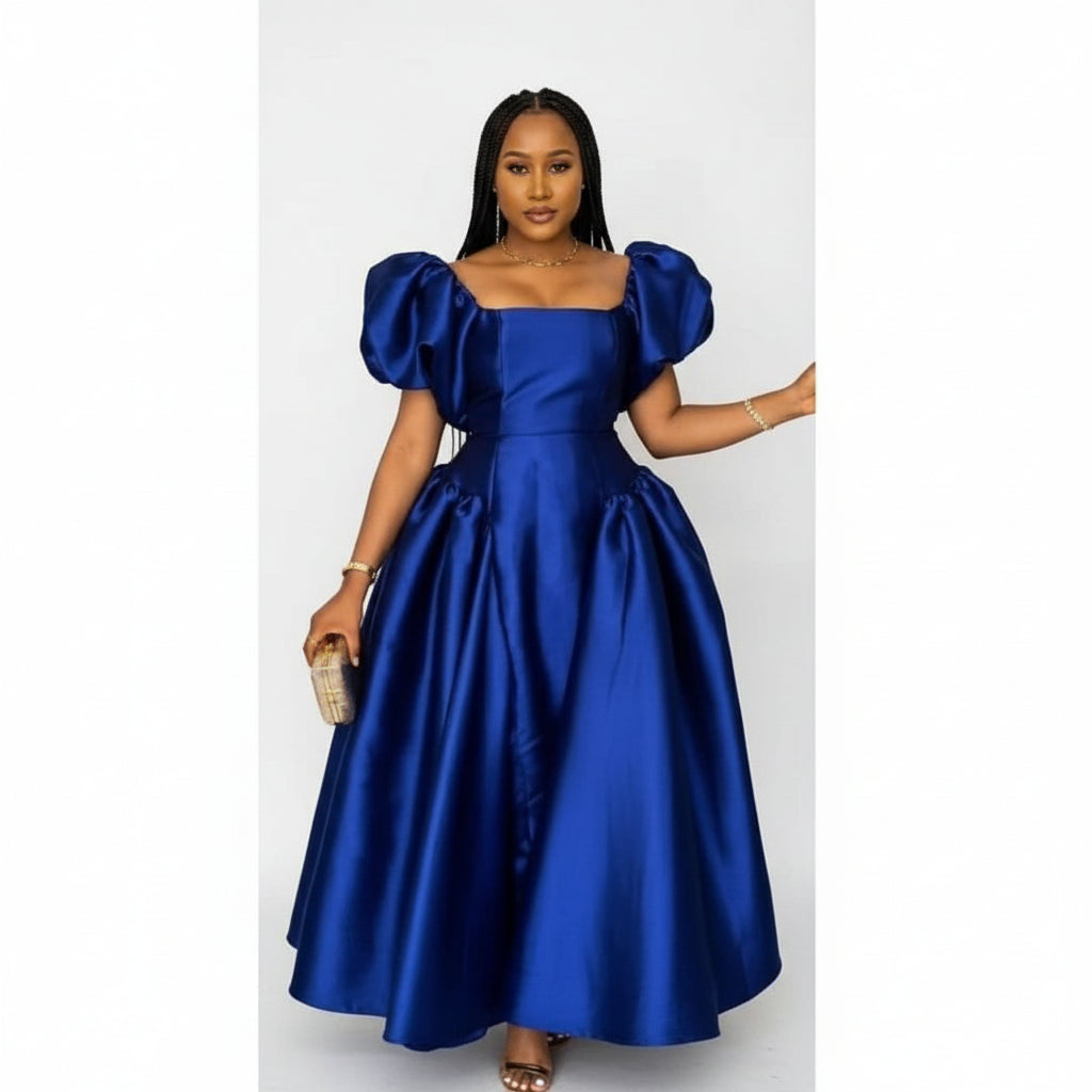 Bubble Sleeve Pleated Maxi Dress