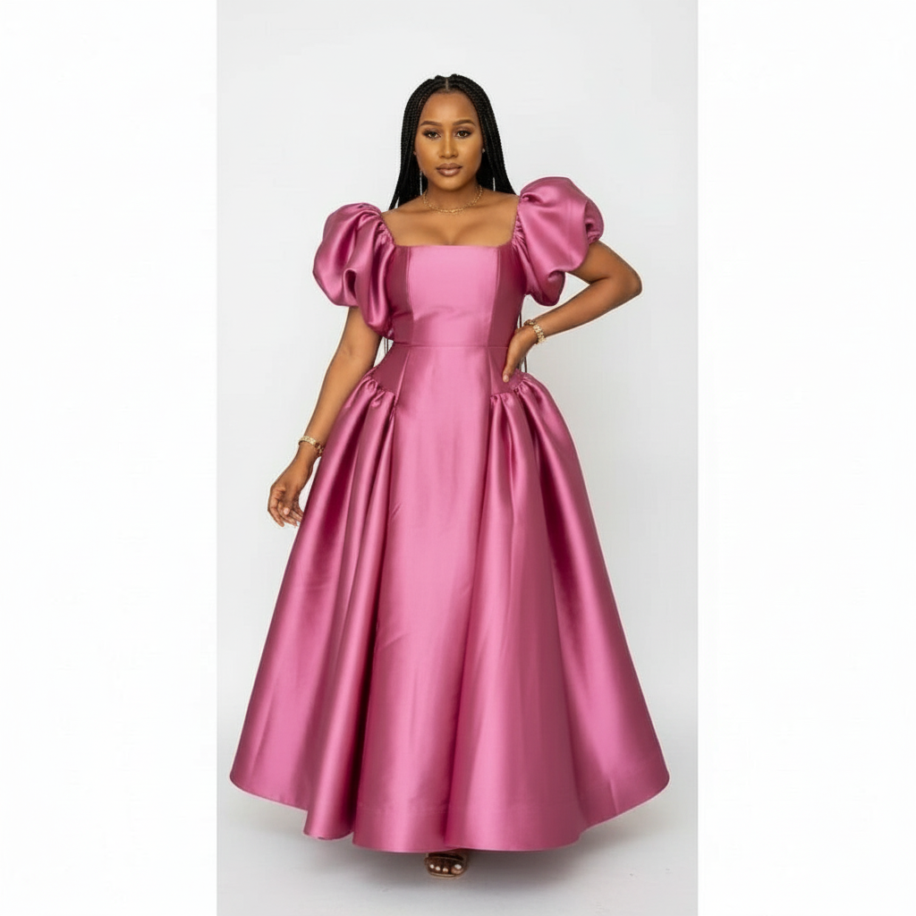 Bubble Sleeve Pleated Maxi Dress