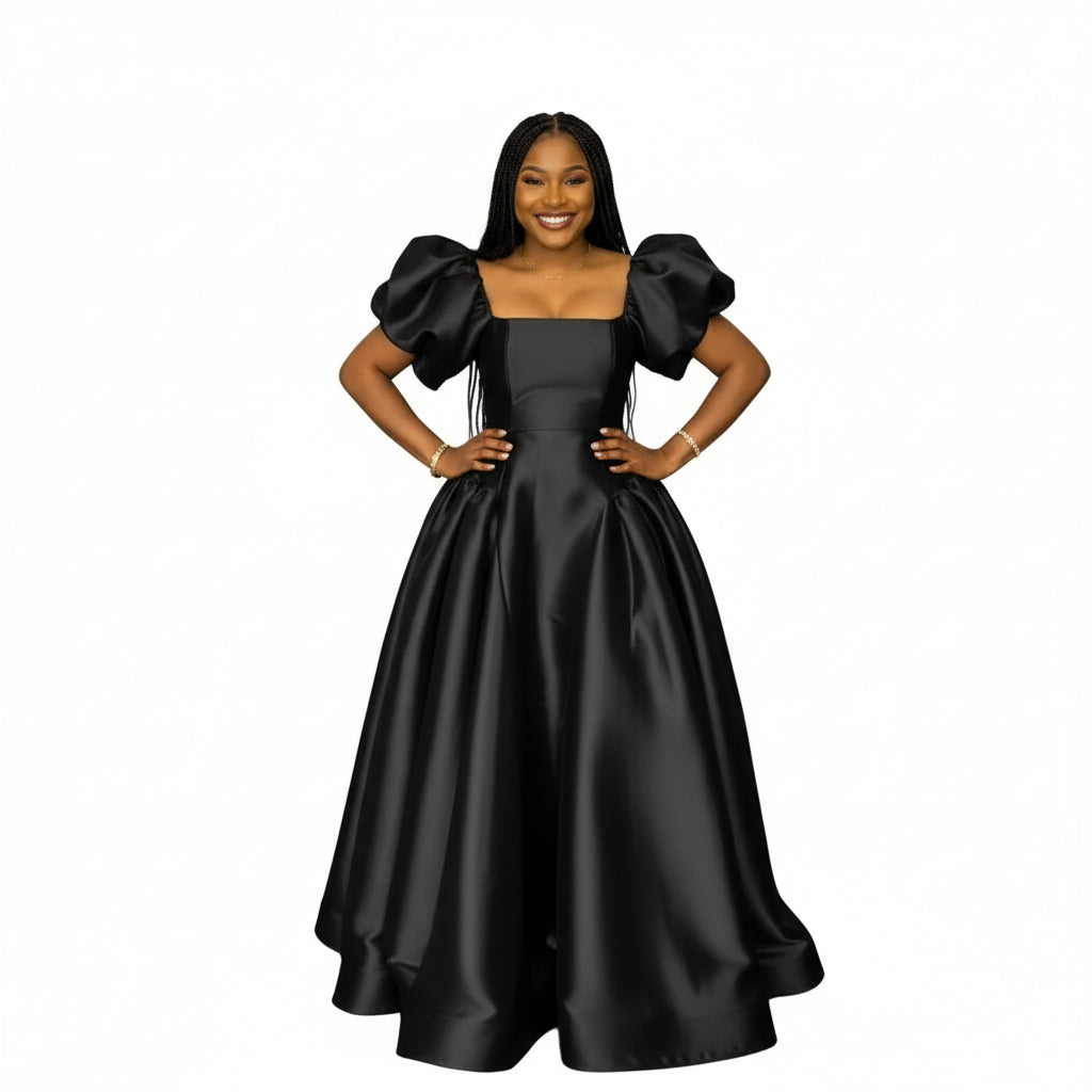 Bubble Sleeve Pleated Maxi Dress