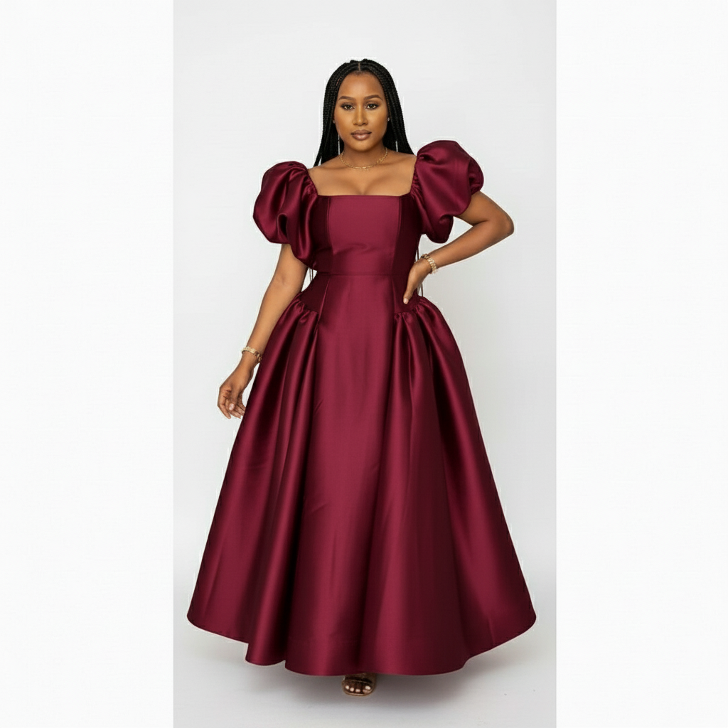 Bubble Sleeve Pleated Maxi Dress