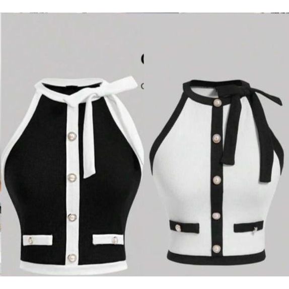 Plus Size Contrast Button Design Fashion Halter Vest Graduation Outfits