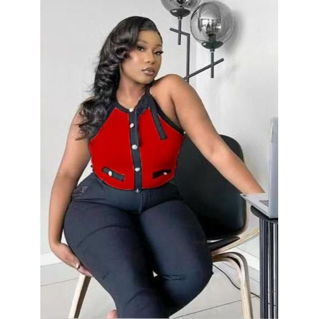 Plus Size Contrast Button Design Fashion Halter Vest Graduation Outfits
