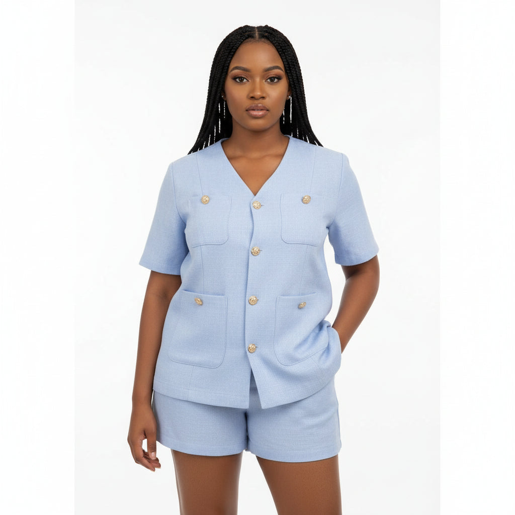 Plain Color Short Sleeve Blazer Jacket And Shorts Suit Set