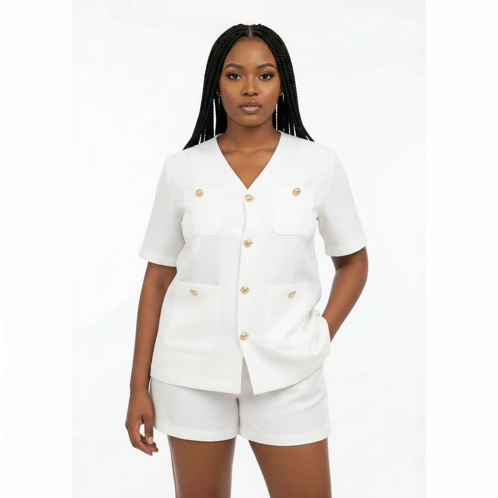 Plain Color Short Sleeve Blazer Jacket And Shorts Suit Set