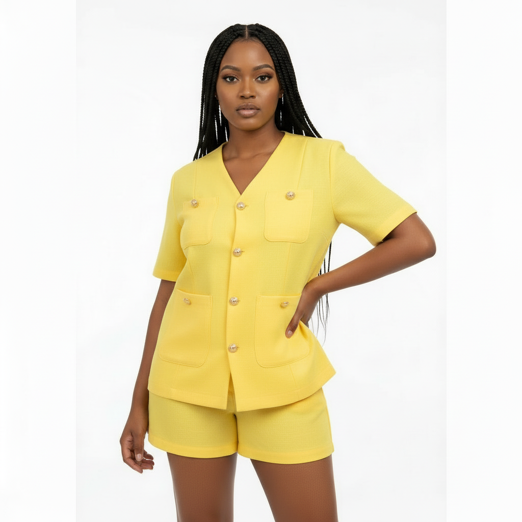 Plain Color Short Sleeve Blazer Jacket And Shorts Suit Set