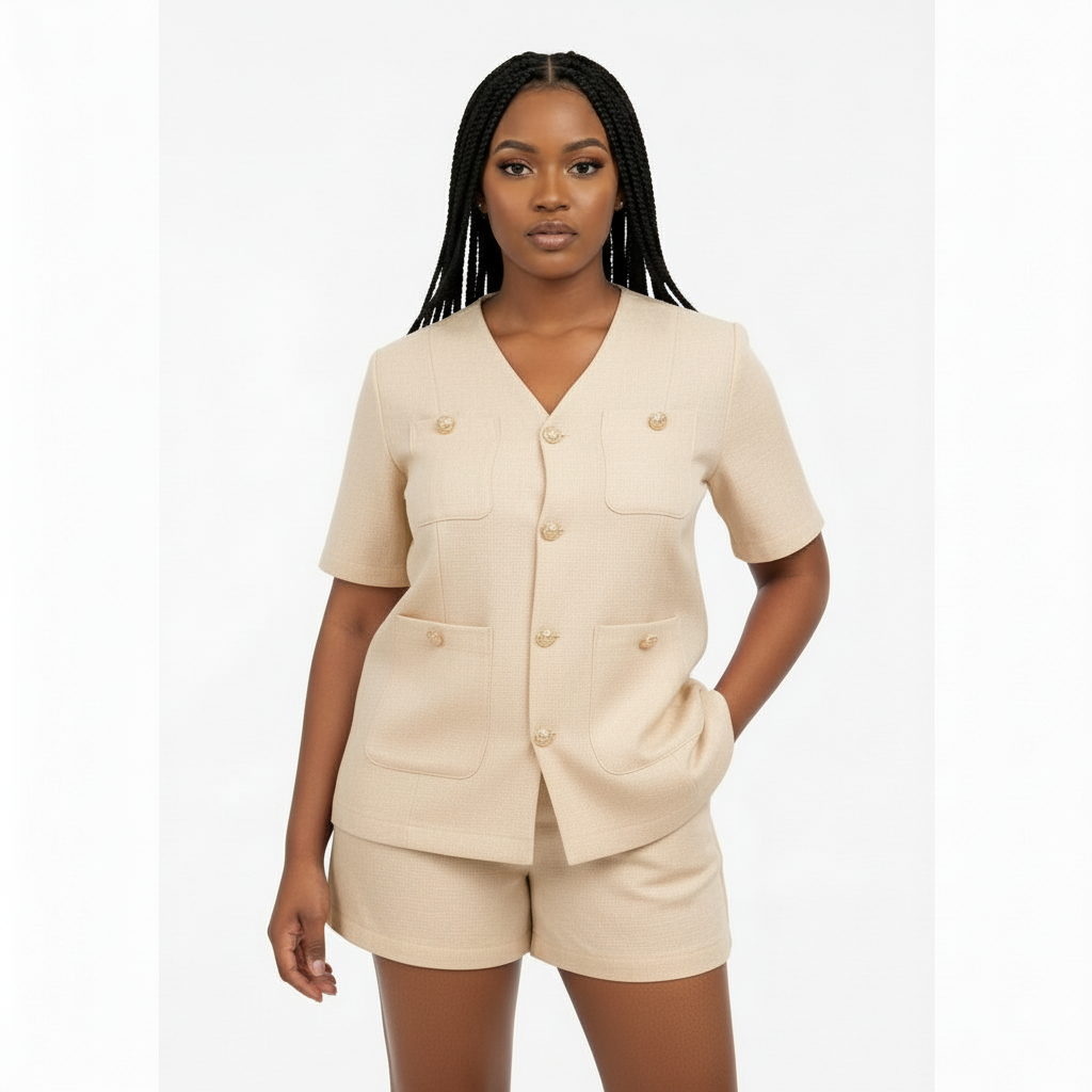 Plain Color Short Sleeve Blazer Jacket And Shorts Suit Set