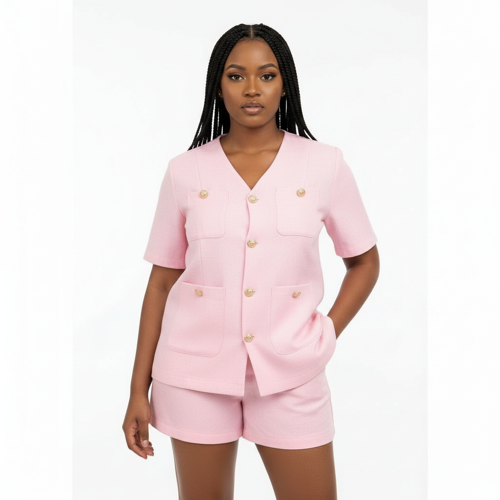 Plain Color Short Sleeve Blazer Jacket And Shorts Suit Set