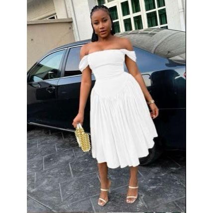 Off-Shoulder High waist Pleated Midi Dress