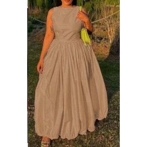 Sleeveless Plain Ruched Swing Maxi Dress