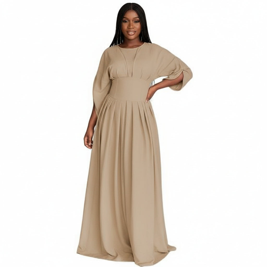 Plain Color Lantern Sleeve Cinched Waist Pleated Long Dress
