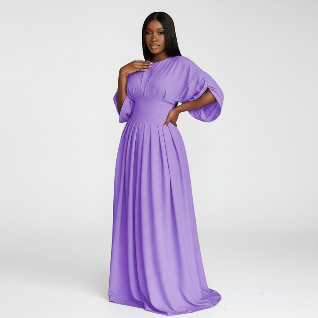Plain Color Lantern Sleeve Cinched Waist Pleated Long Dress