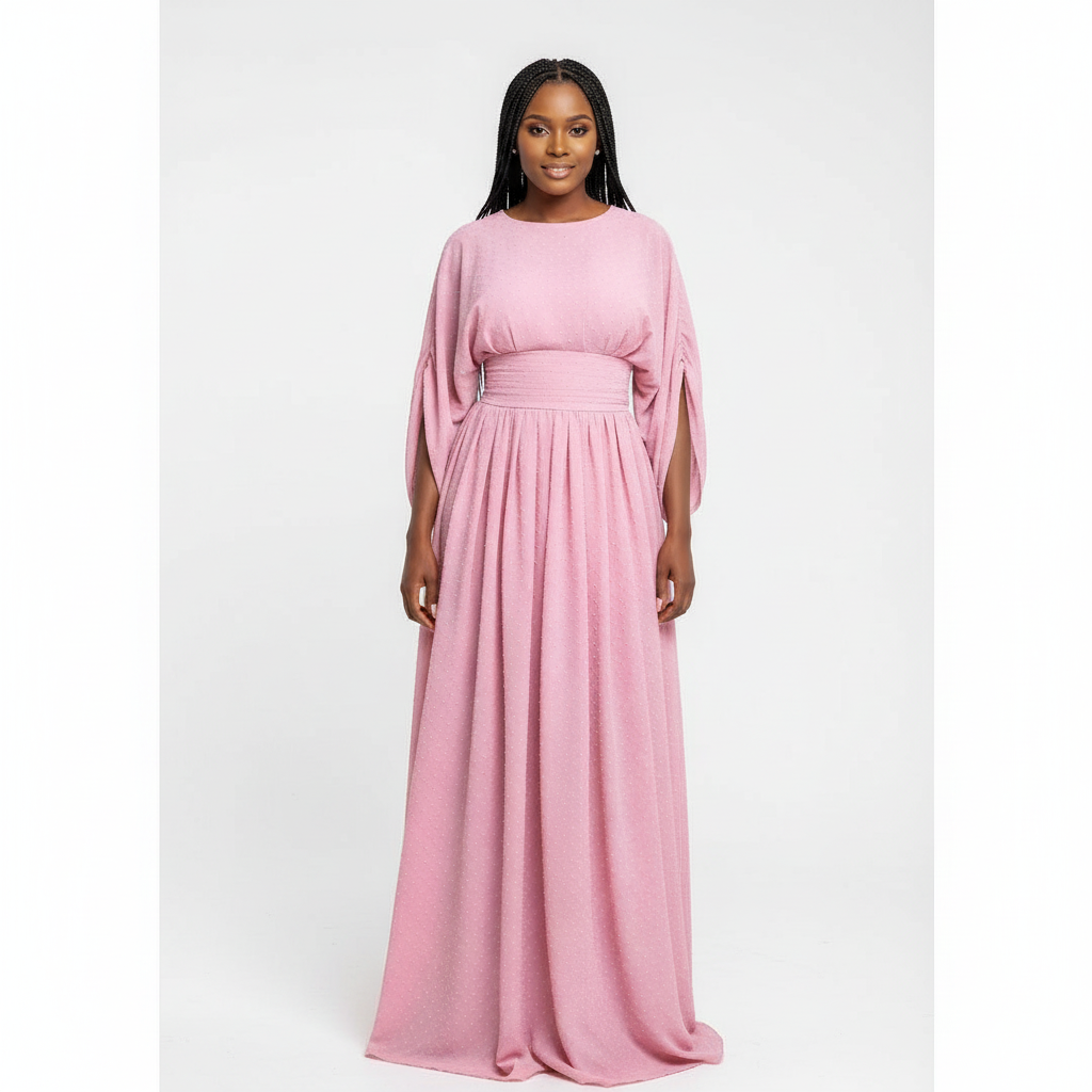 Plain Color Lantern Sleeve Cinched Waist Pleated Long Dress