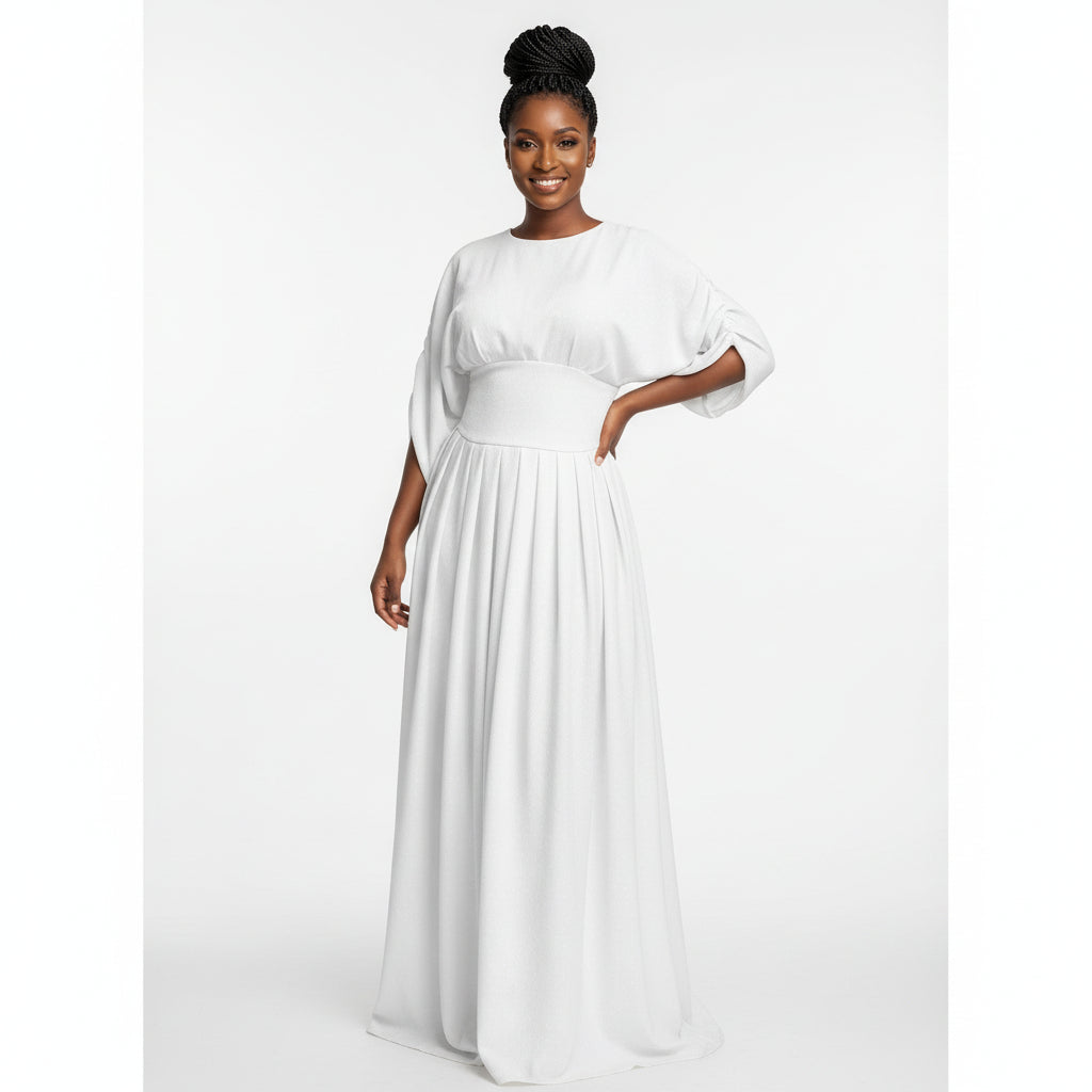 Plain Color Lantern Sleeve Cinched Waist Pleated Long Dress