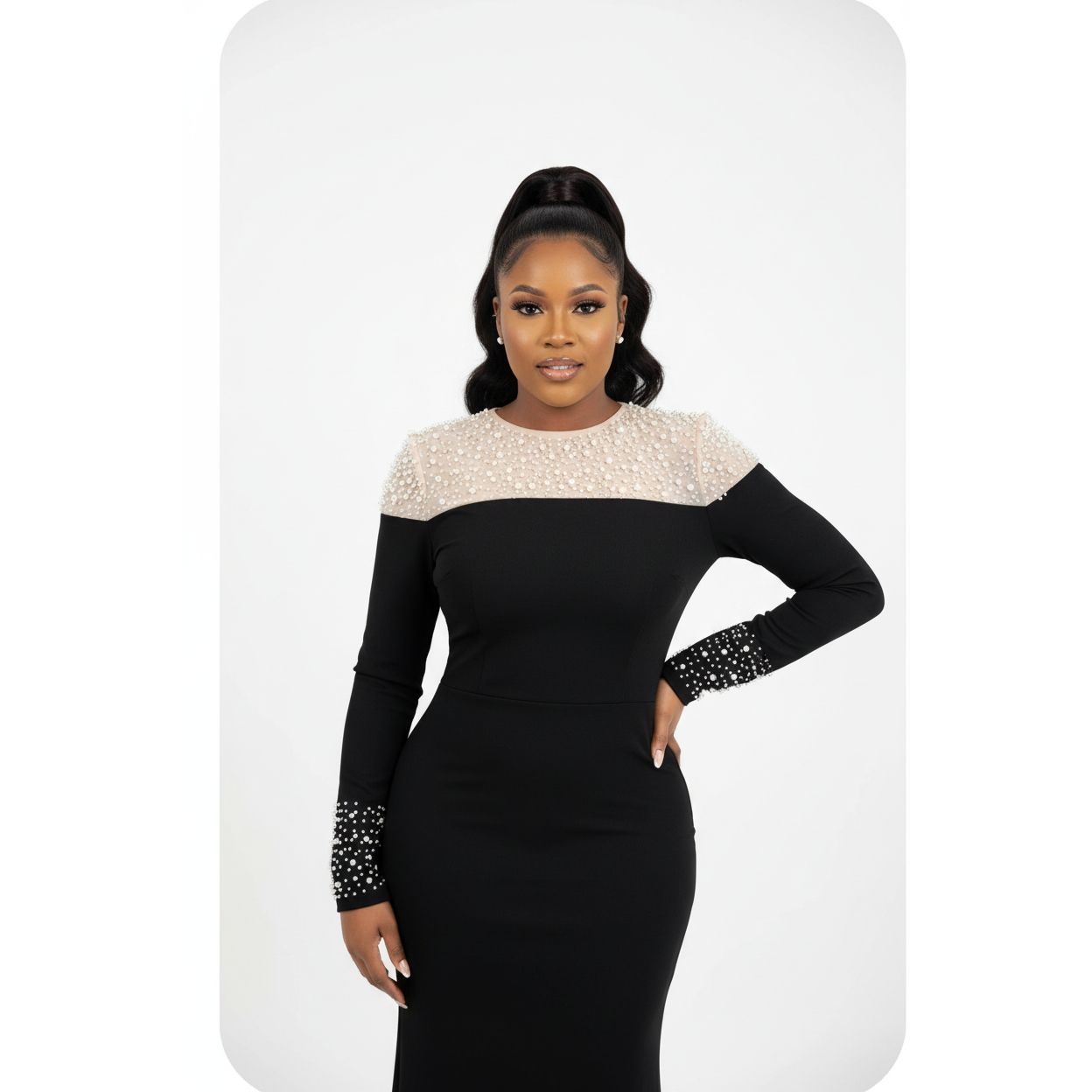 Plus Size Beaded Mesh Long Bodycon Dress