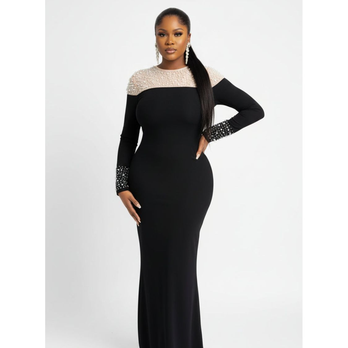 Plus Size Beaded Mesh Long Bodycon Dress