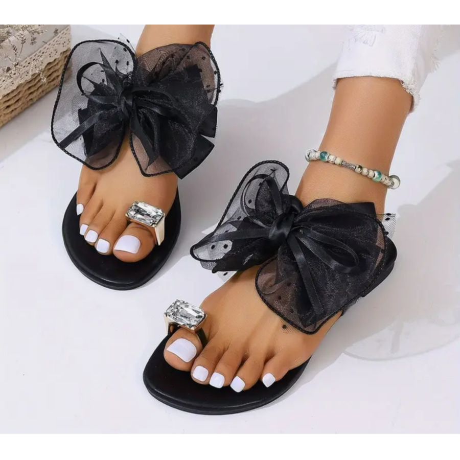 Bow & Faux Pearl Decor Toe Ring Design Thong Sandals