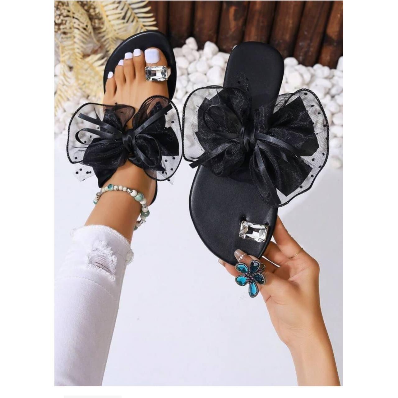 Bow & Faux Pearl Decor Toe Ring Design Thong Sandals