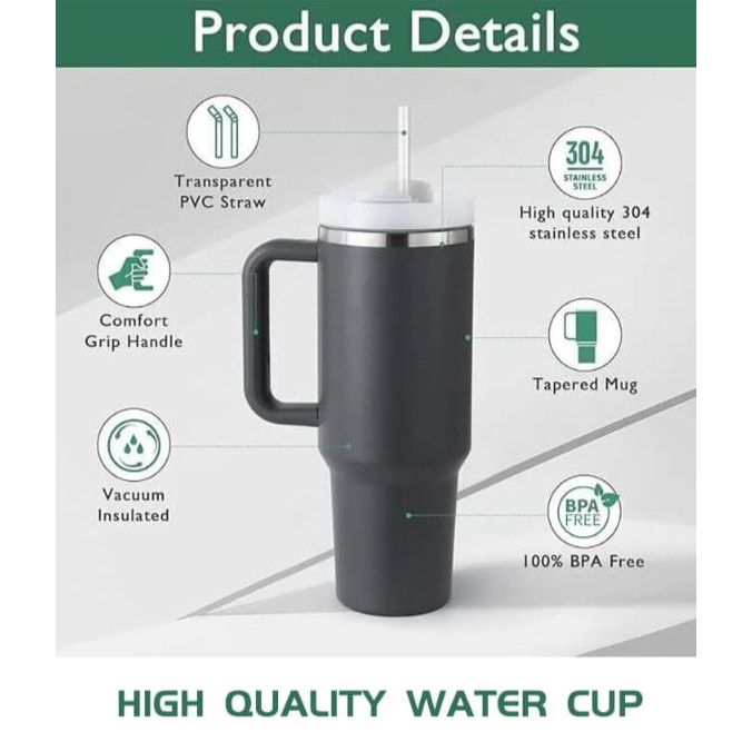 Stainless Steel Insulated Travel Mug - Tumbler with Straw & Handle - 1.2L