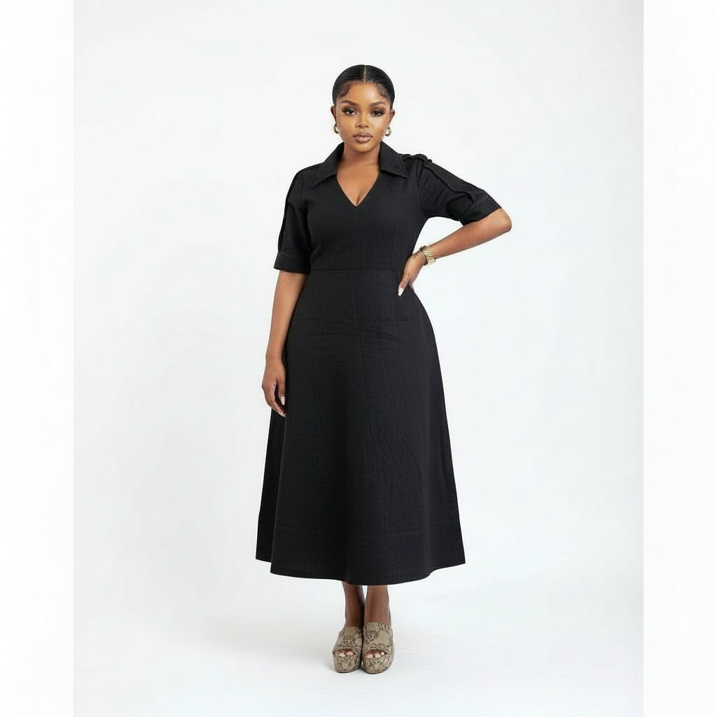 Short Sleeve Formal Collar A-line Midi Dress