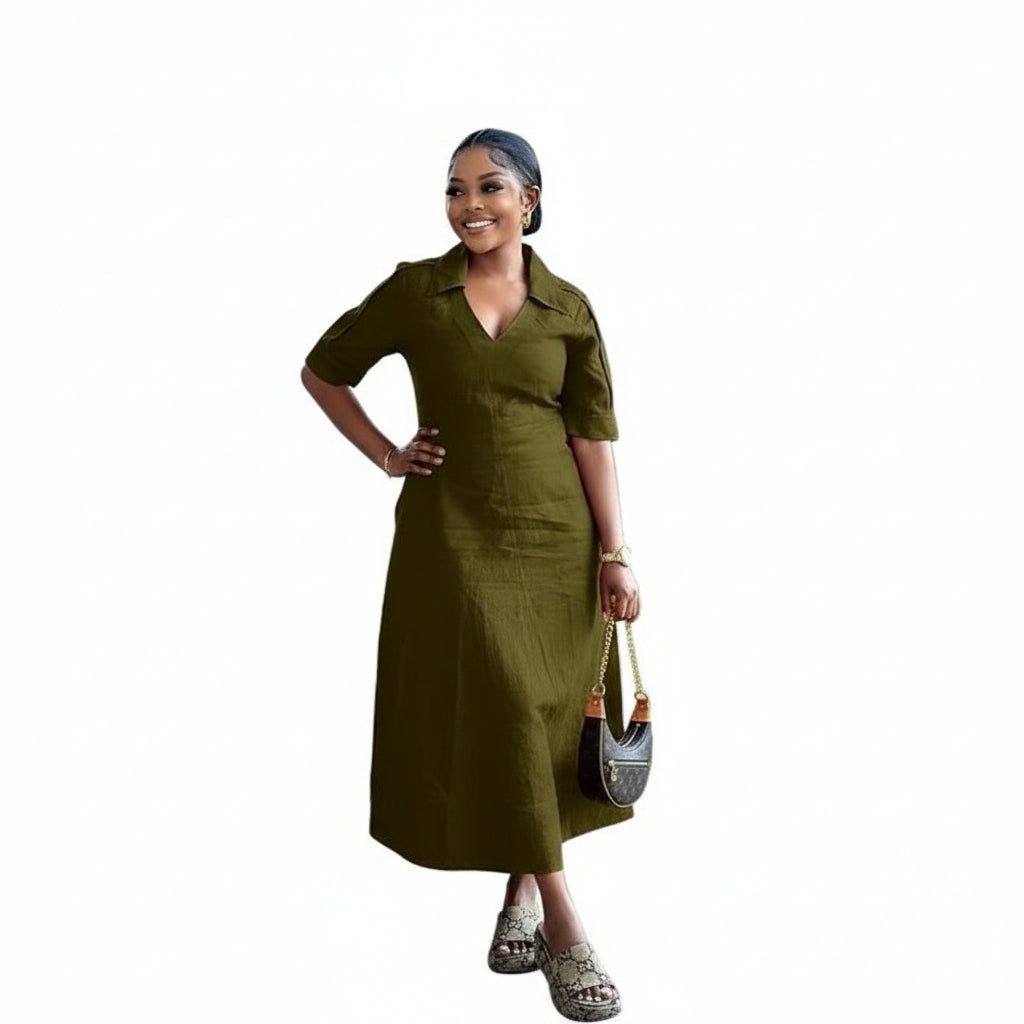 Short Sleeve Formal Collar A-line Midi Dress