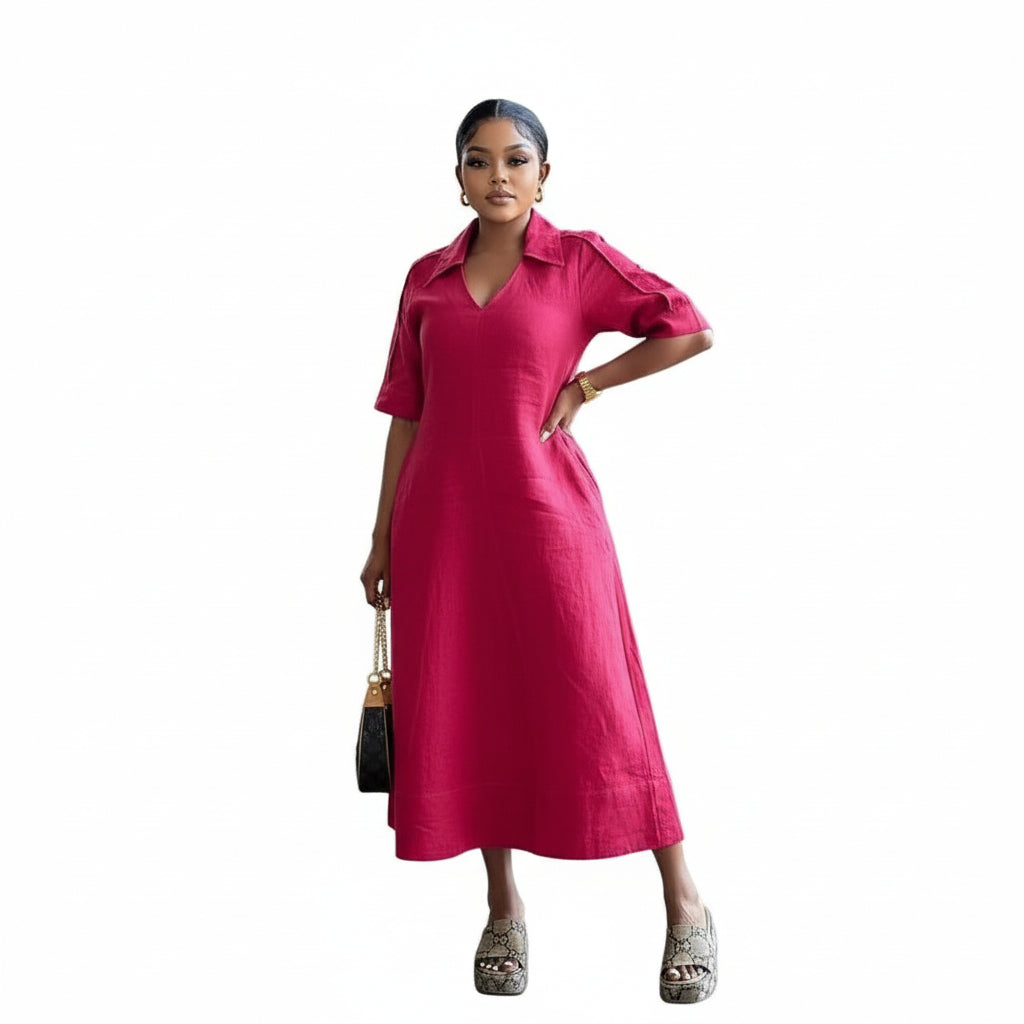Short Sleeve Formal Collar A-line Midi Dress