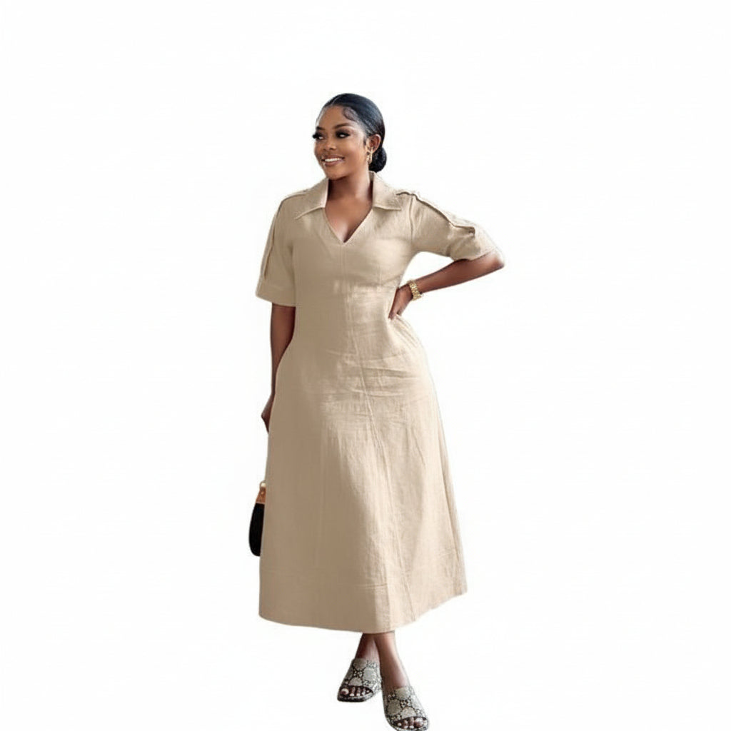 Short Sleeve Formal Collar A-line Midi Dress