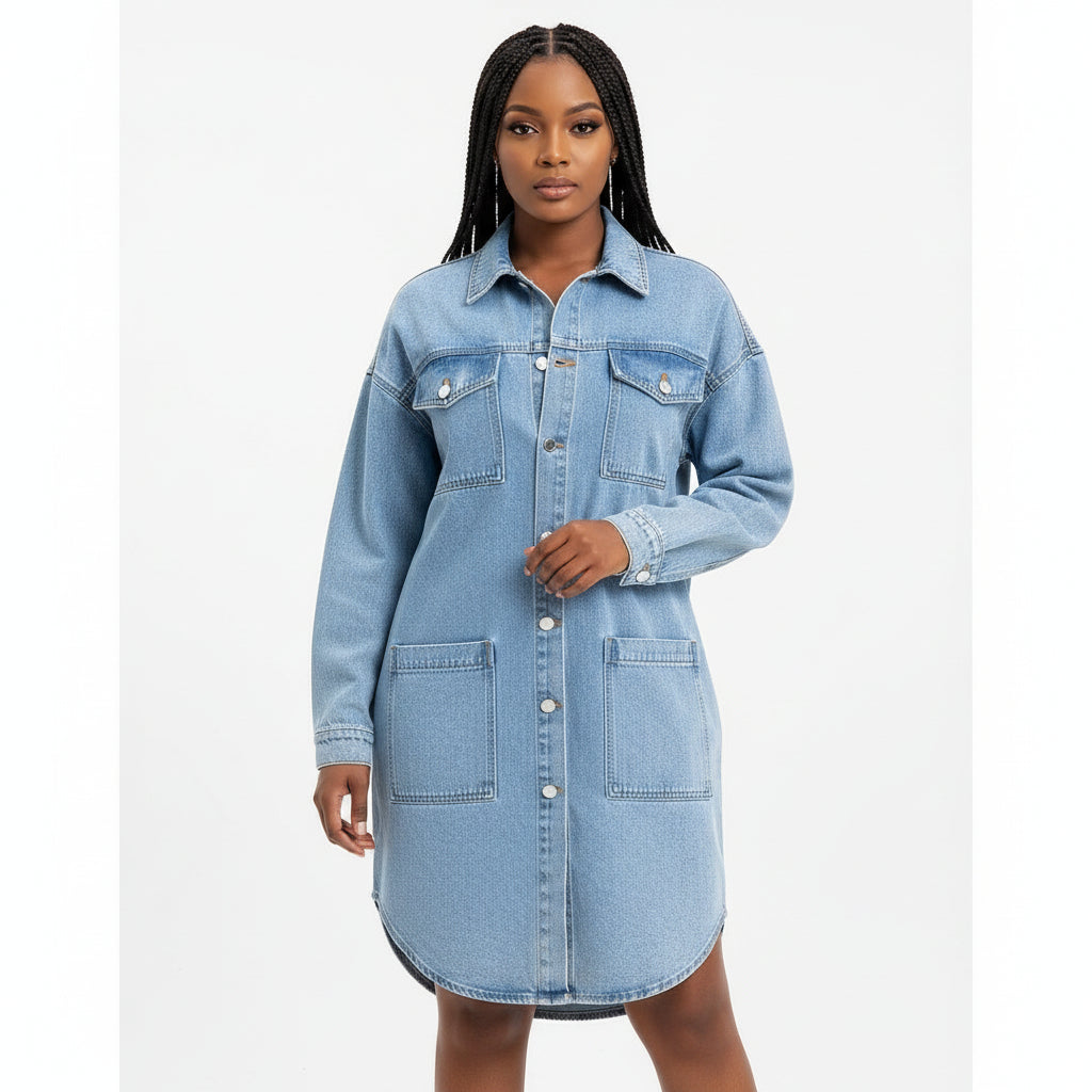 Long Sleeve Cargo Denim Shirt Dress
