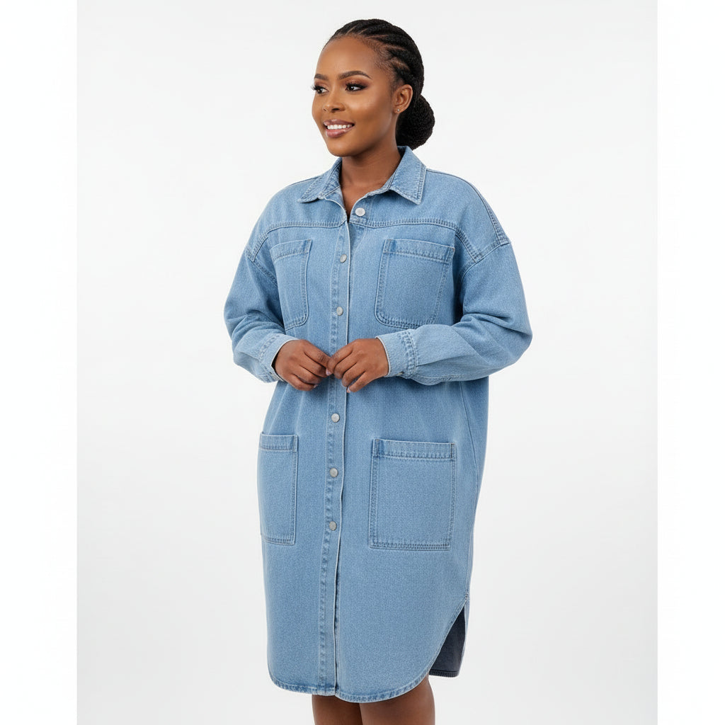 Long Sleeve Cargo Denim Shirt Dress