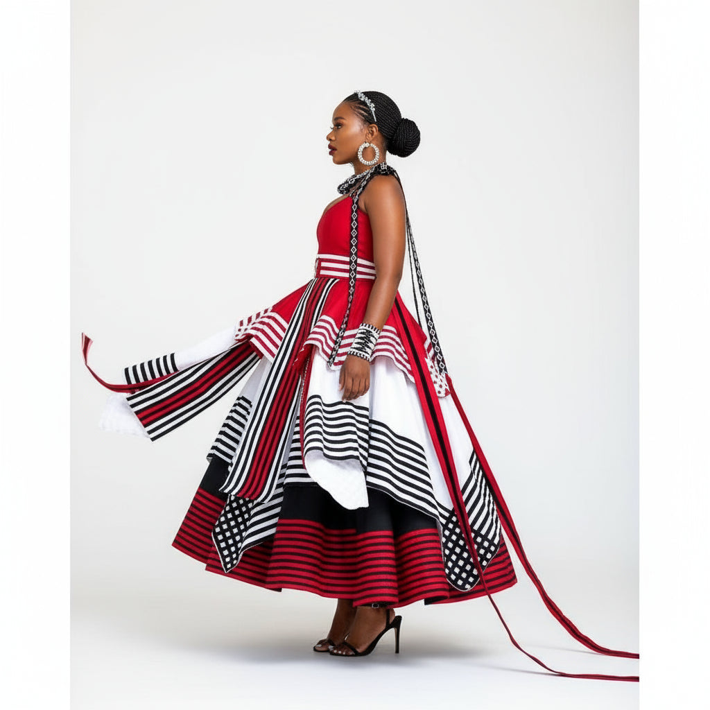 Woman in a red, black, and white dress standing in front of a dark door.