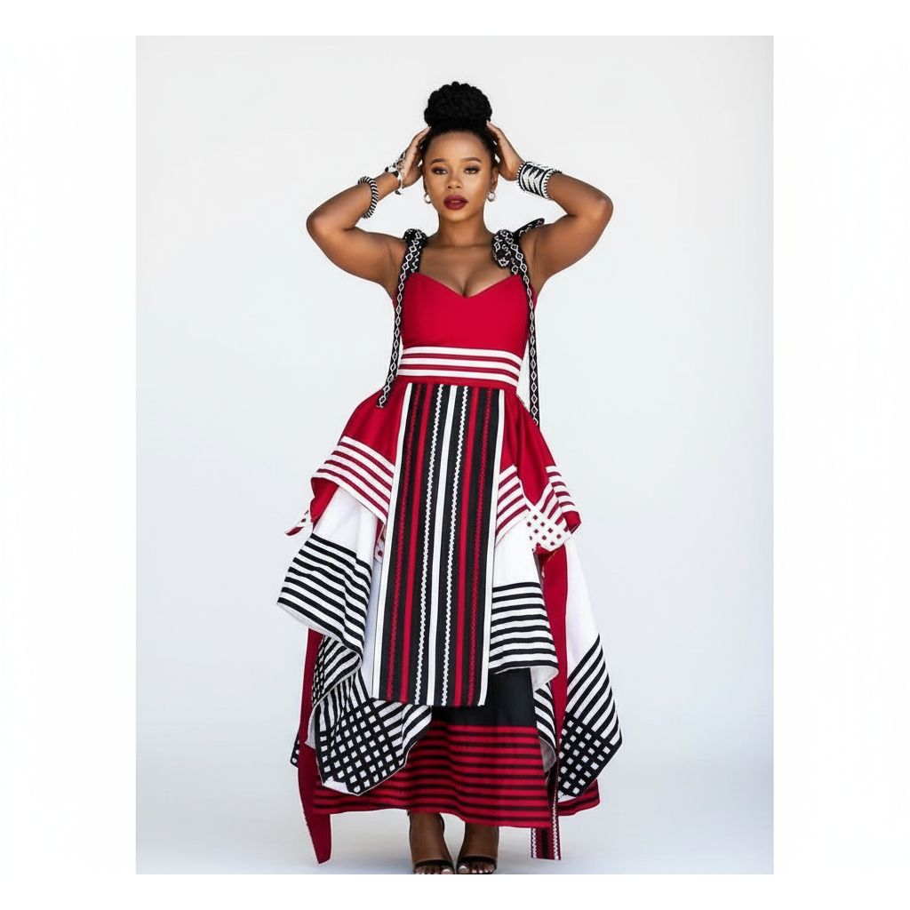 Woman in a red and black patterned dress standing in front of a dark door.