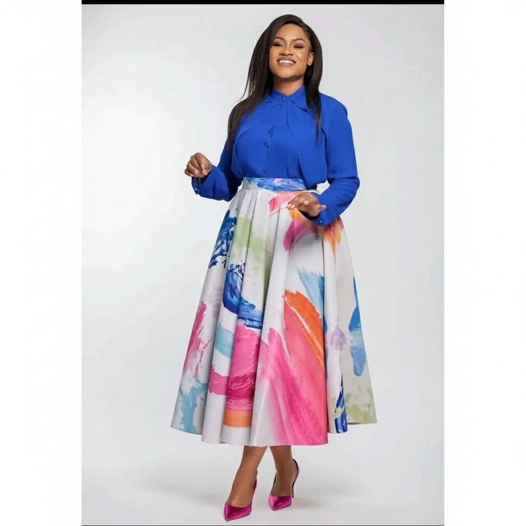 Formal Collar Shirt and High Waisted Umbrella  Skirt Set