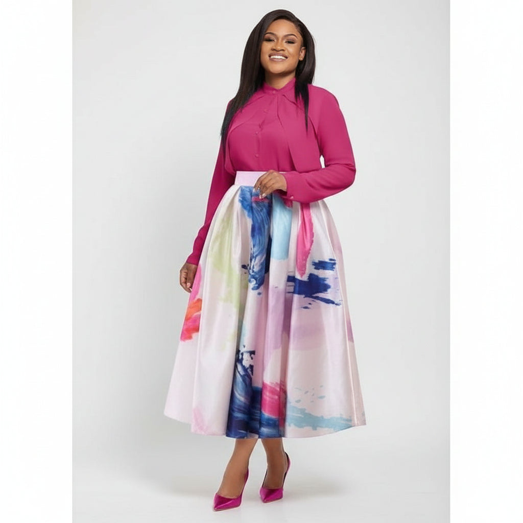 Formal Collar Shirt and High Waisted Umbrella  Skirt Set