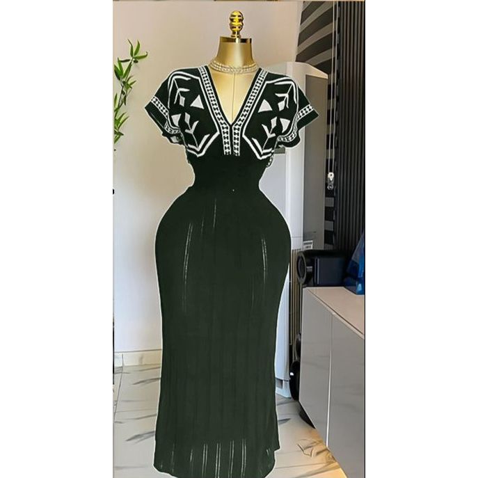 Knitted  V-neck Pattern Printed Dress