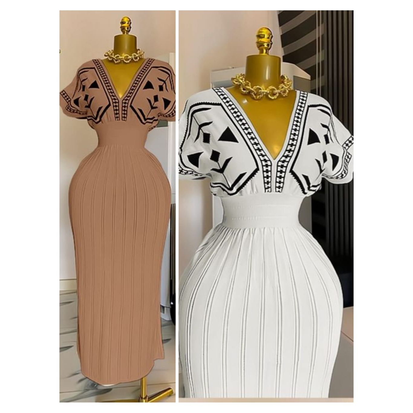 Knitted  V-neck Pattern Printed Dress