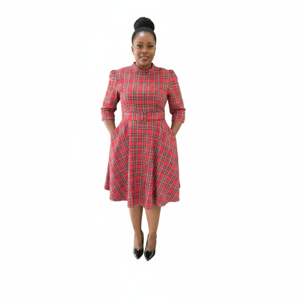 Plus Tartan Print Lantern Sleeve Dress.
