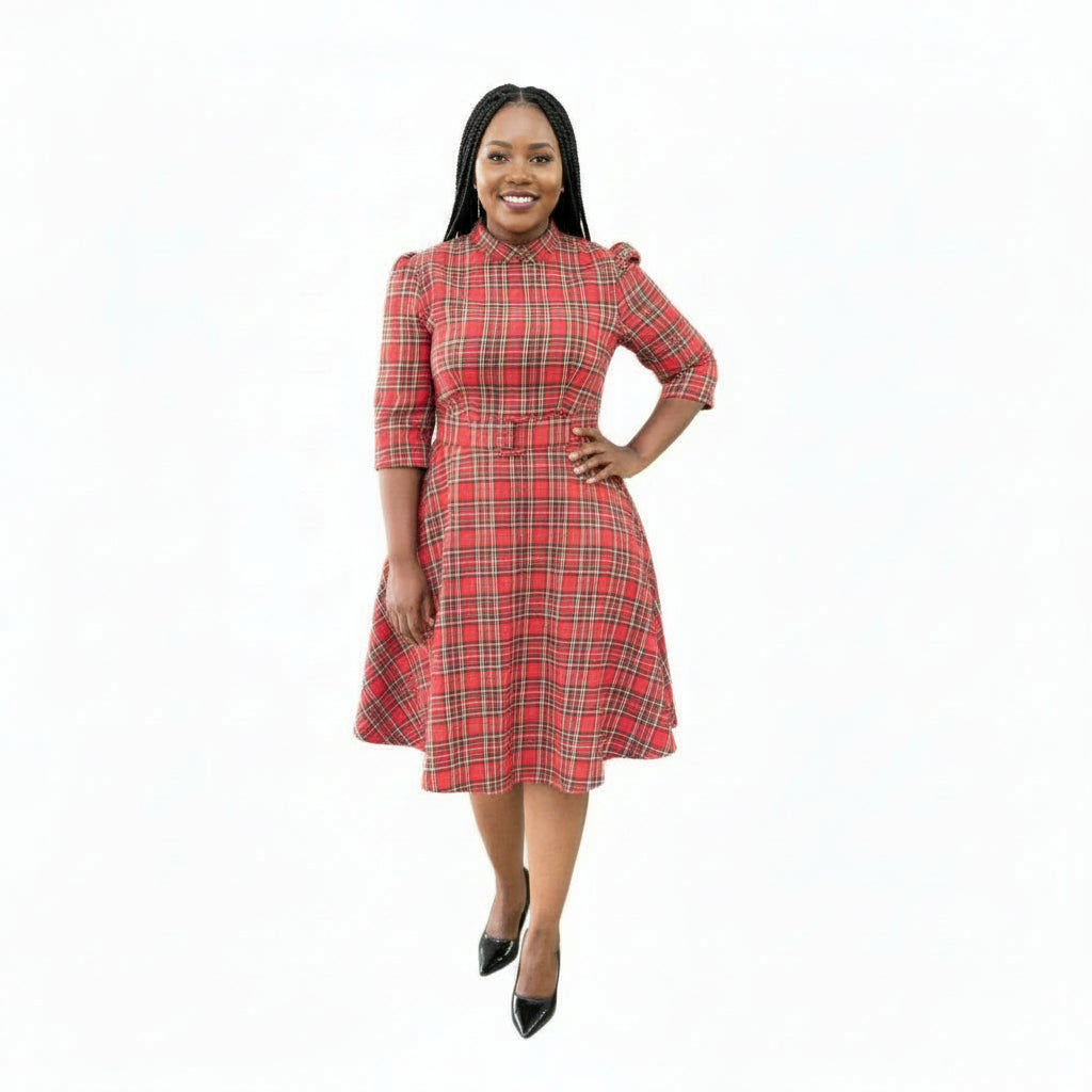 Plus Tartan Print Lantern Sleeve Dress.