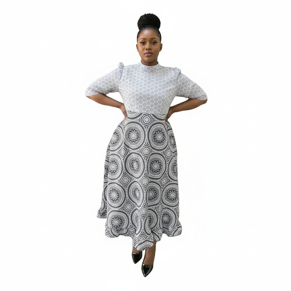 O-Neck Long Sleeve Maxi Ankara Dress.